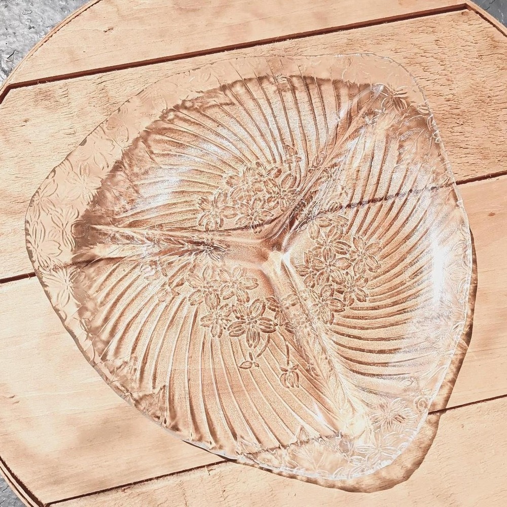 KIG Malaysia Pressed Triangular Glass Serving Plate 3-Com Divided  Floral Design